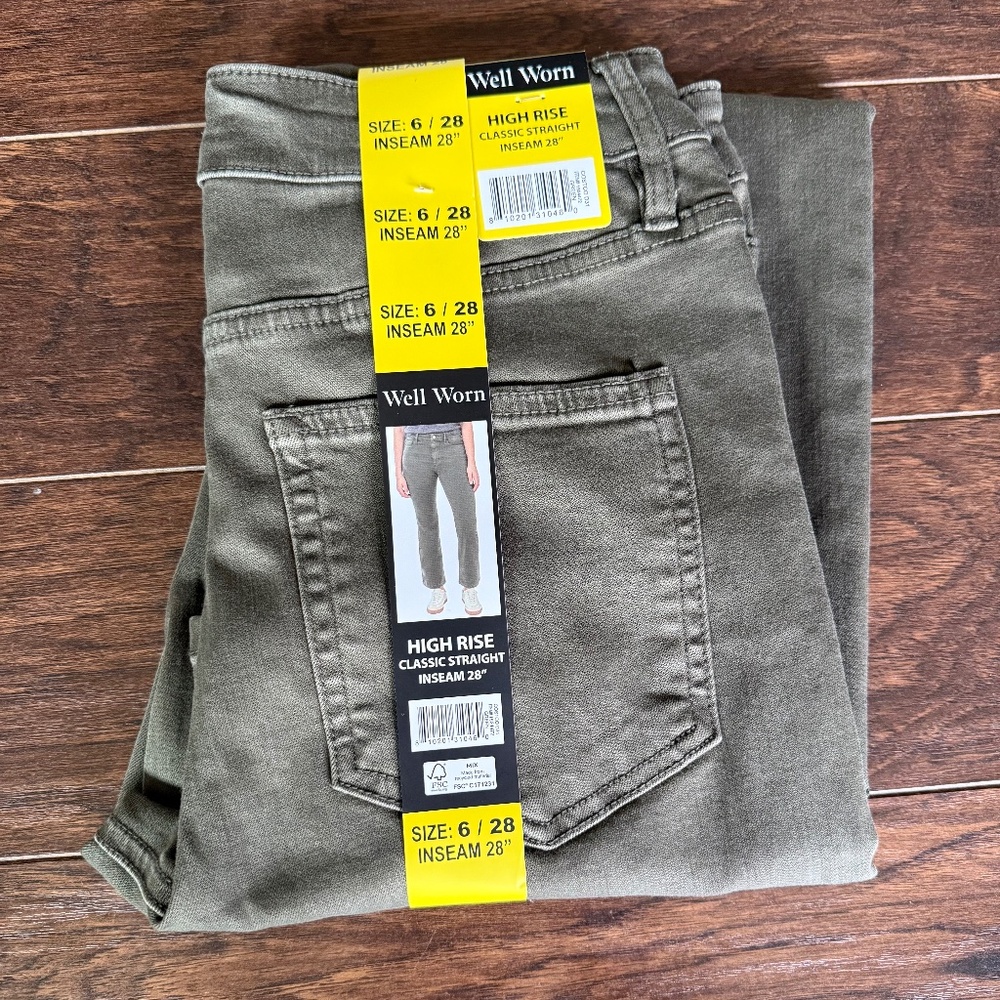 NWT Well Worn High Rise Classic Straight Leg Pants Olive Green 6/28